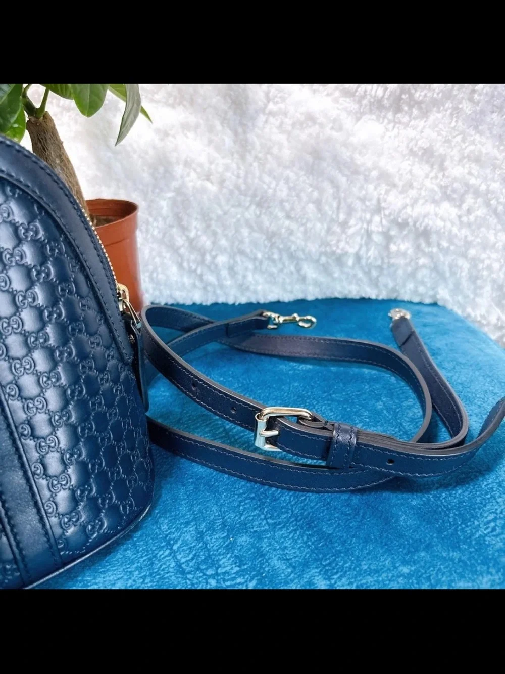 Gucci Navy Embossed GG Dome Satchel with Gold Hardware